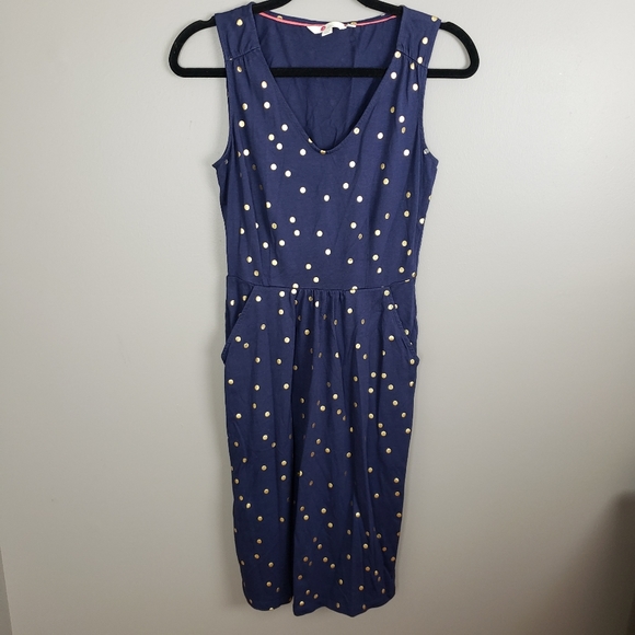 Boden Melinda Jersey Dress Navy Blue Gold Dots 6L - Picture 2 of 5